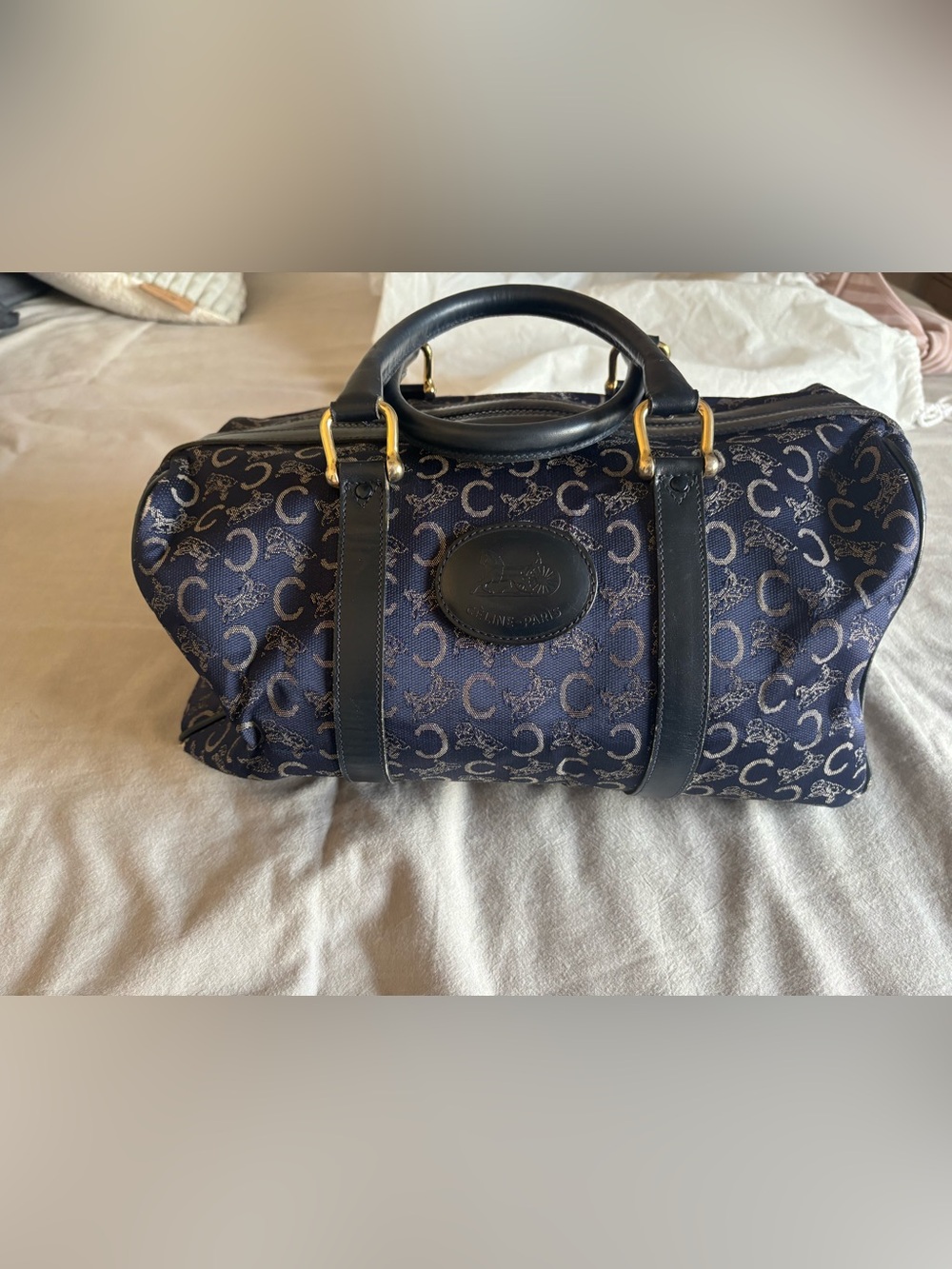 Celine Navy Monogram Barrel Satchel with Gold Hardware